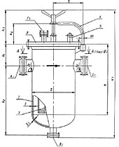 Рисунок №2 1 - Корпус, 2 - Крышка, 3 - Фильтрующий элемент (см. рис. 1), 4 - Подъемно-поворотное устройство, 5 - Строповое устройство